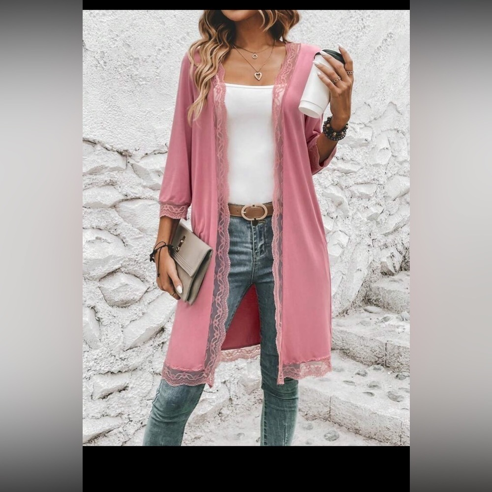 SHEIN LUNE Contrast Lace Open Front Coat size L NWT - Picture 9 of 16